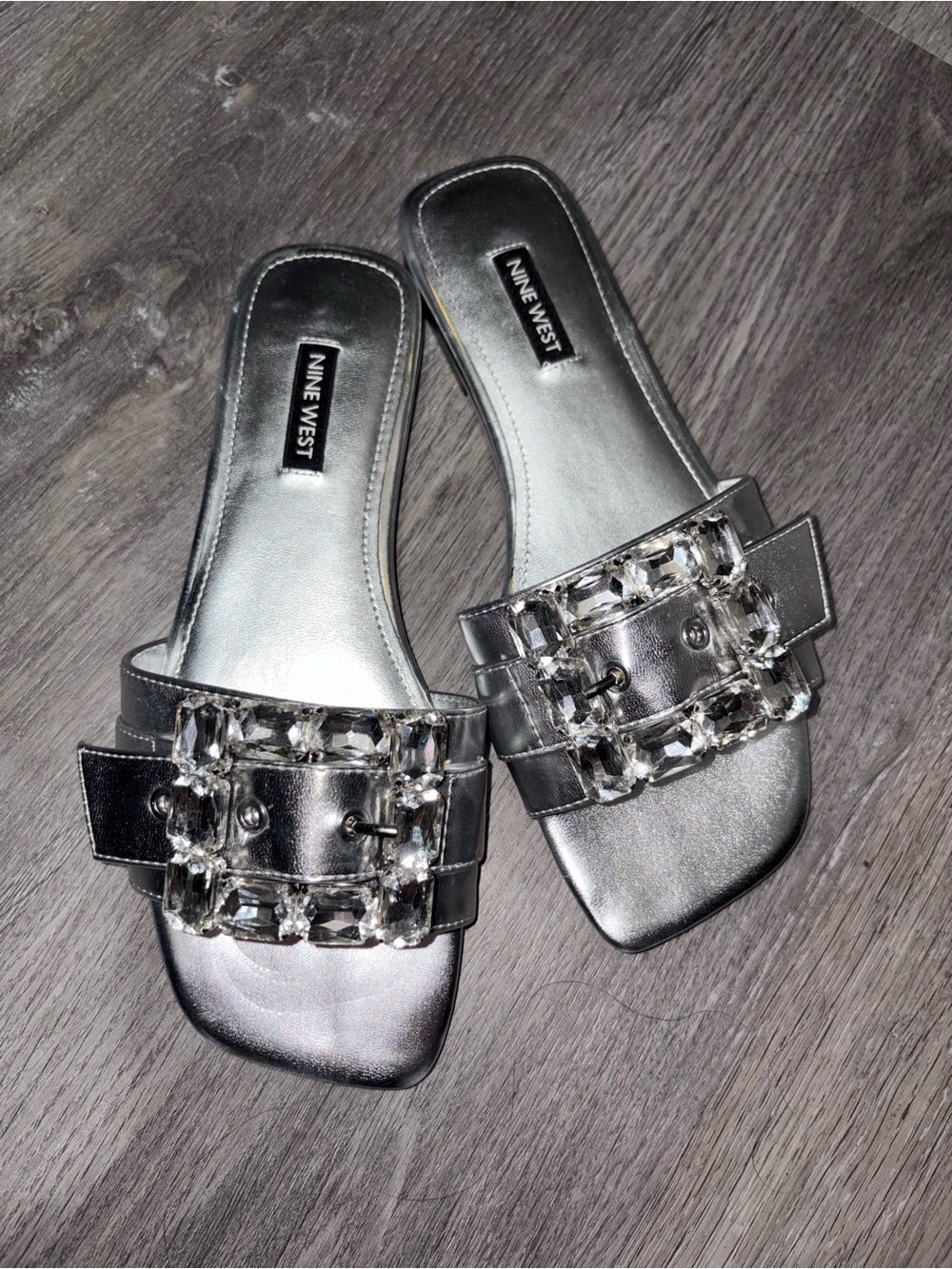 Nine West Silver Jeweled Slide Mules